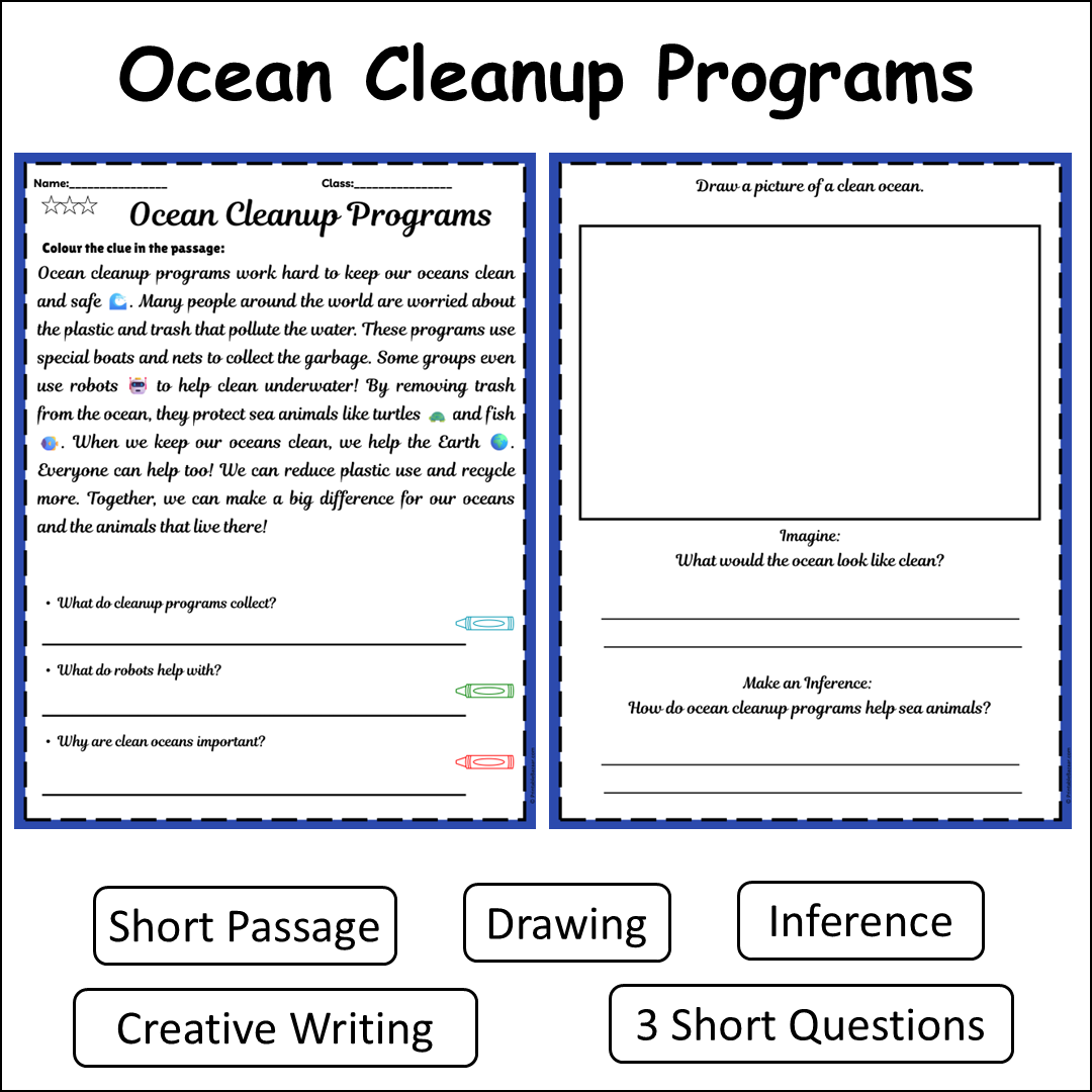 Ocean Cleanup Programs | Short Reading Comprehension Creative Worksheet