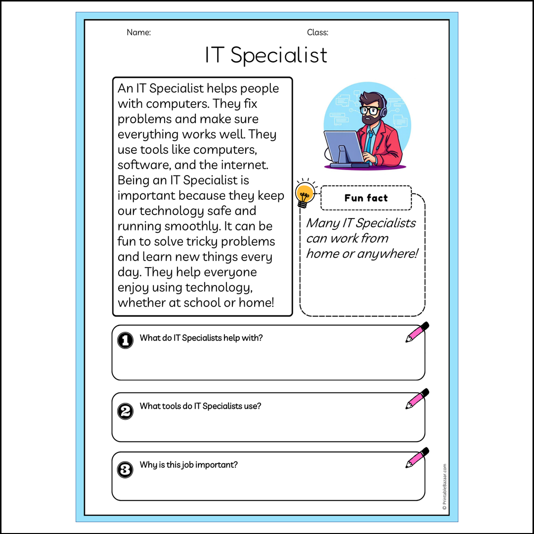 IT Specialist | Reading Passage Comprehension Questions Writing Facts Worksheet