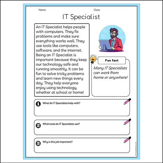 IT Specialist | Reading Passage Comprehension Questions Writing Facts Worksheet