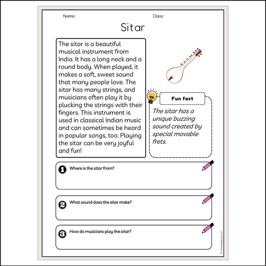 Sitar | Reading Passage Comprehension Questions Writing Facts Worksheet