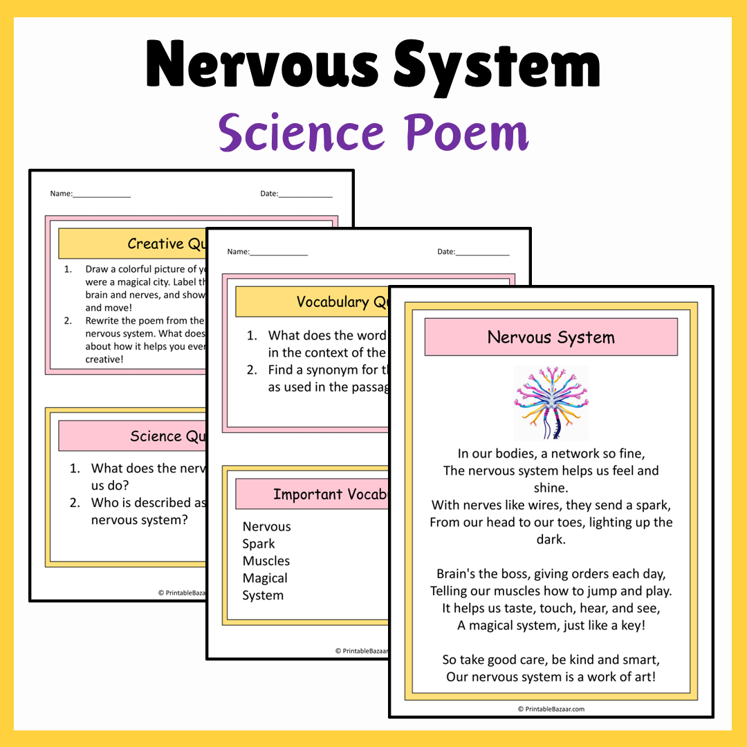 Nervous System | Science Poem Reading Comprehension Activity