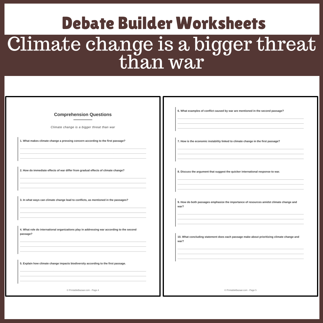 Climate change is a bigger threat than war | Favour and Against Worksheet Printable Activity