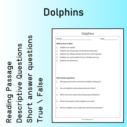 Dolphins | Reading Comprehension Passage Printable Worksheet