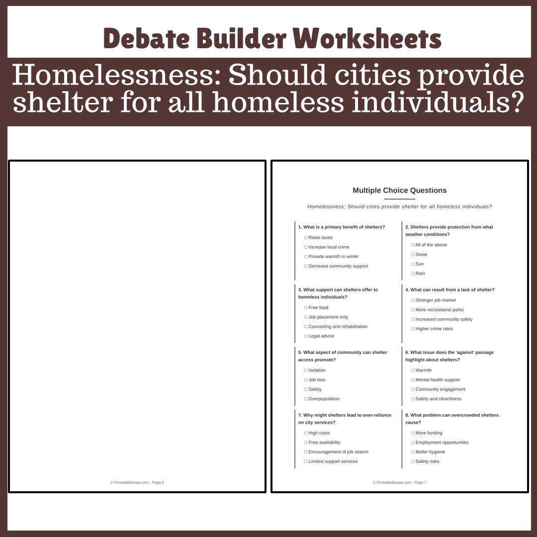 Homelessness: Should cities provide shelter for all homeless individuals? | Favour and Against Worksheet Printable Activity