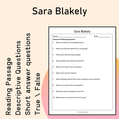 Sara Blakely | Reading Comprehension Passage Printable Activity