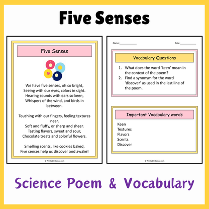 Five Senses | Science Poem Reading Comprehension Activity