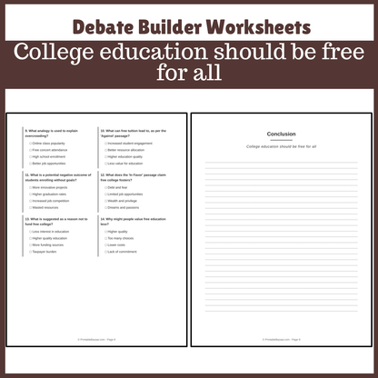College education should be free for all | Favour and Against Worksheet Printable Activity