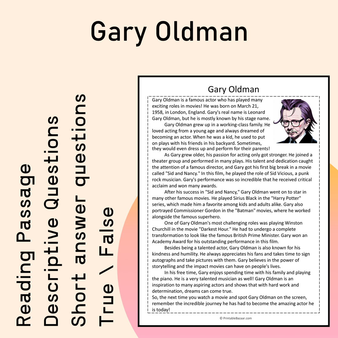 Gary Oldman | Reading Comprehension Passage Printable Activity