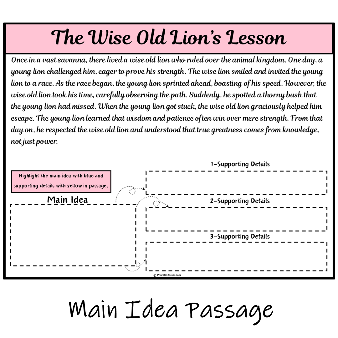 The Wise Old Lion’s Lesson | Main Idea and Supporting Details Reading Passage and Questions