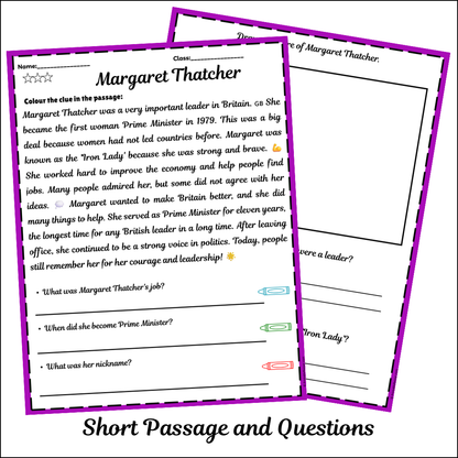 Margaret Thatcher | Short Reading Comprehension Creative Worksheet