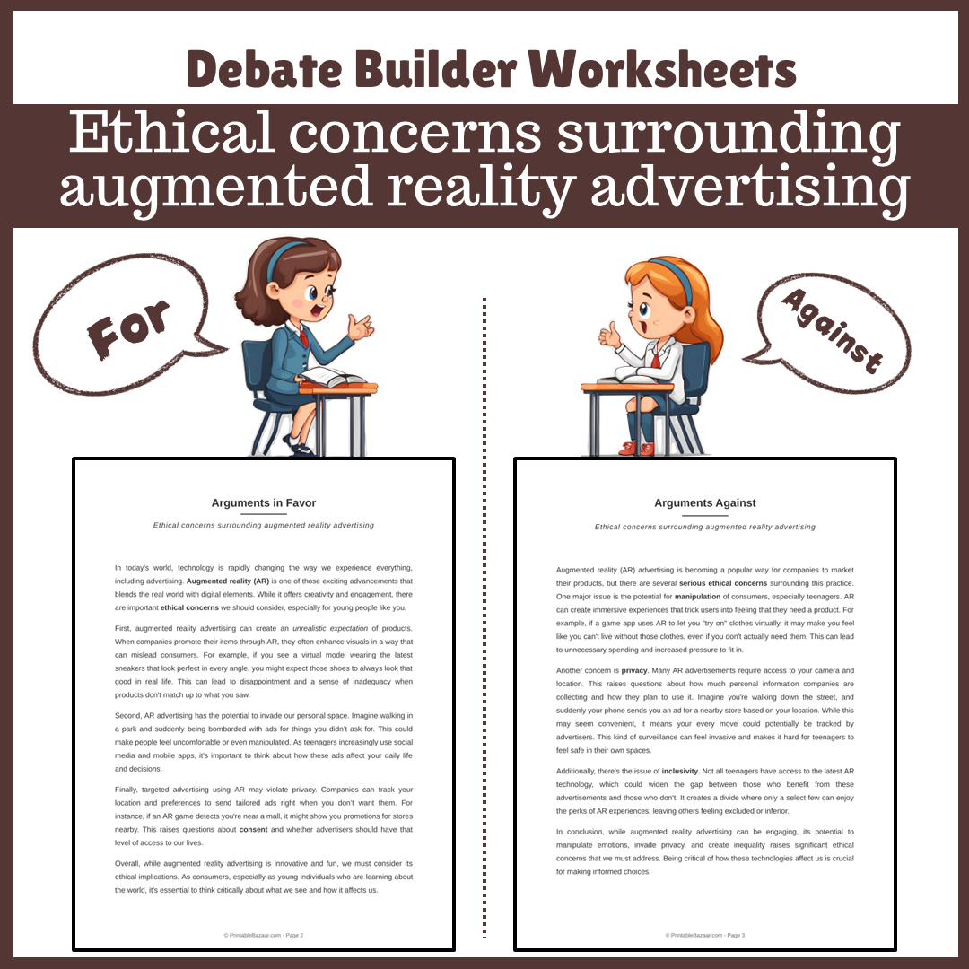 Ethical concerns surrounding augmented reality advertising | Favour and Against Worksheet Printable Activity