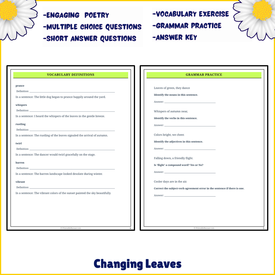 Changing Leaves | Poem Grammar Worksheet Printable Activity