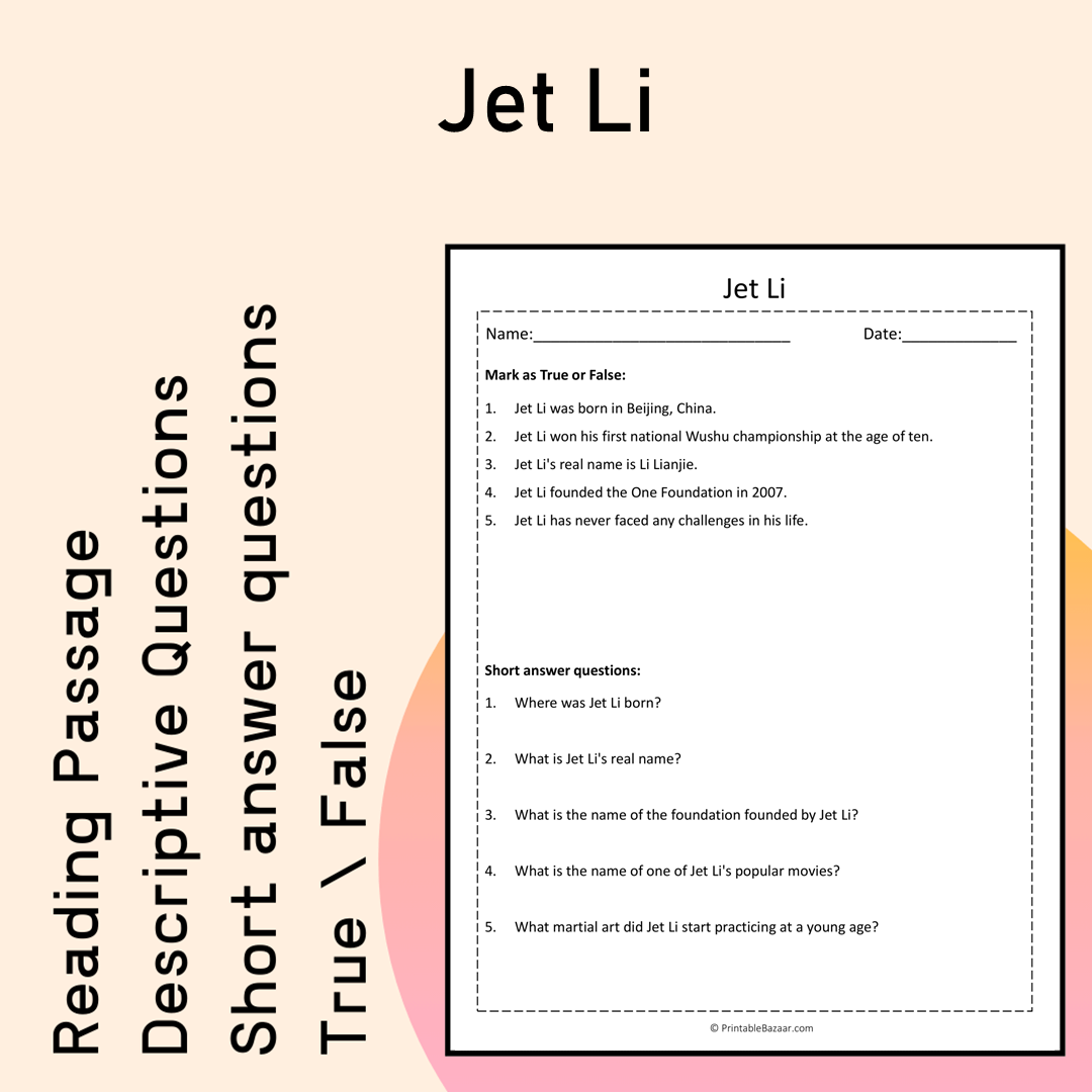 Jet Li | Reading Comprehension Passage Printable Activity
