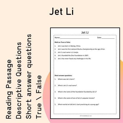 Jet Li | Reading Comprehension Passage Printable Activity