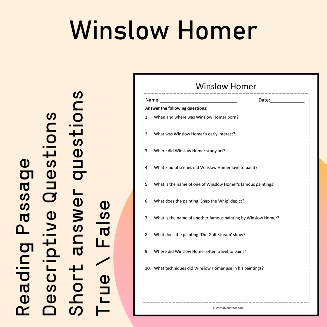 Winslow Homer | Reading Comprehension Passage Printable Activity