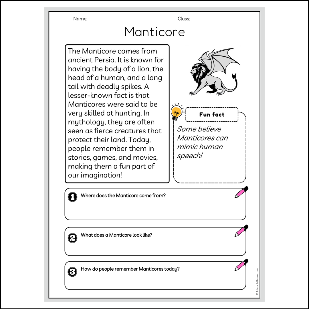Manticore | Reading Passage Comprehension Questions Writing Facts Worksheet