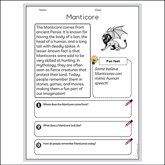 Manticore | Reading Passage Comprehension Questions Writing Facts Worksheet