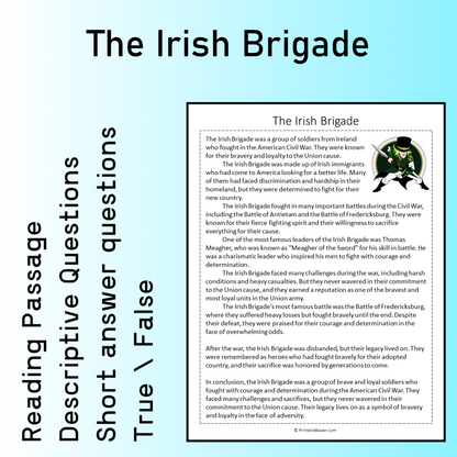 The Irish Brigade | Reading Comprehension Passage Printable Worksheet