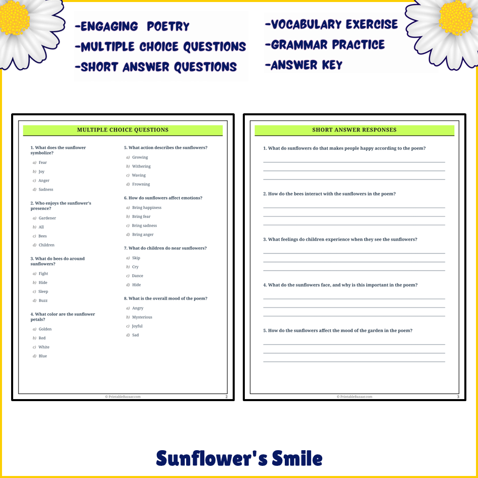 Sunflower's Smile | Poem Grammar Worksheet Printable Activity