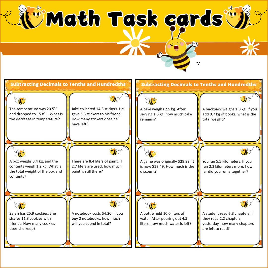 Subtracting Decimals to Tenths and Hundredths | Math Task Cards