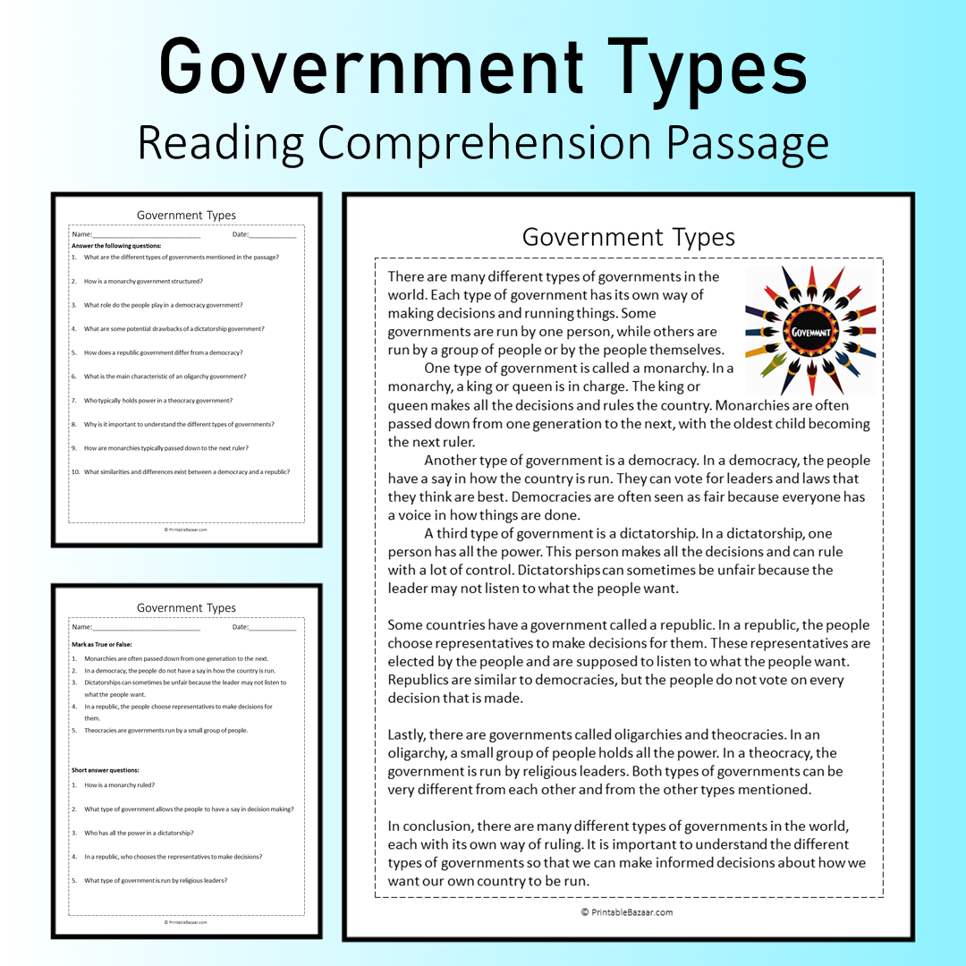 Government Types | Reading Comprehension Passage Printable Worksheet