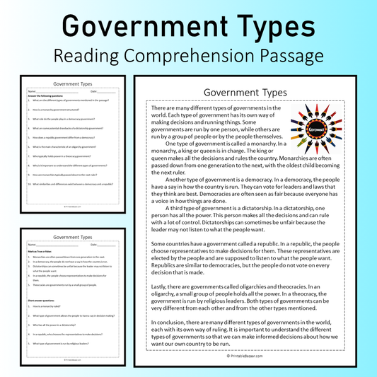 Government Types | Reading Comprehension Passage Printable Worksheet