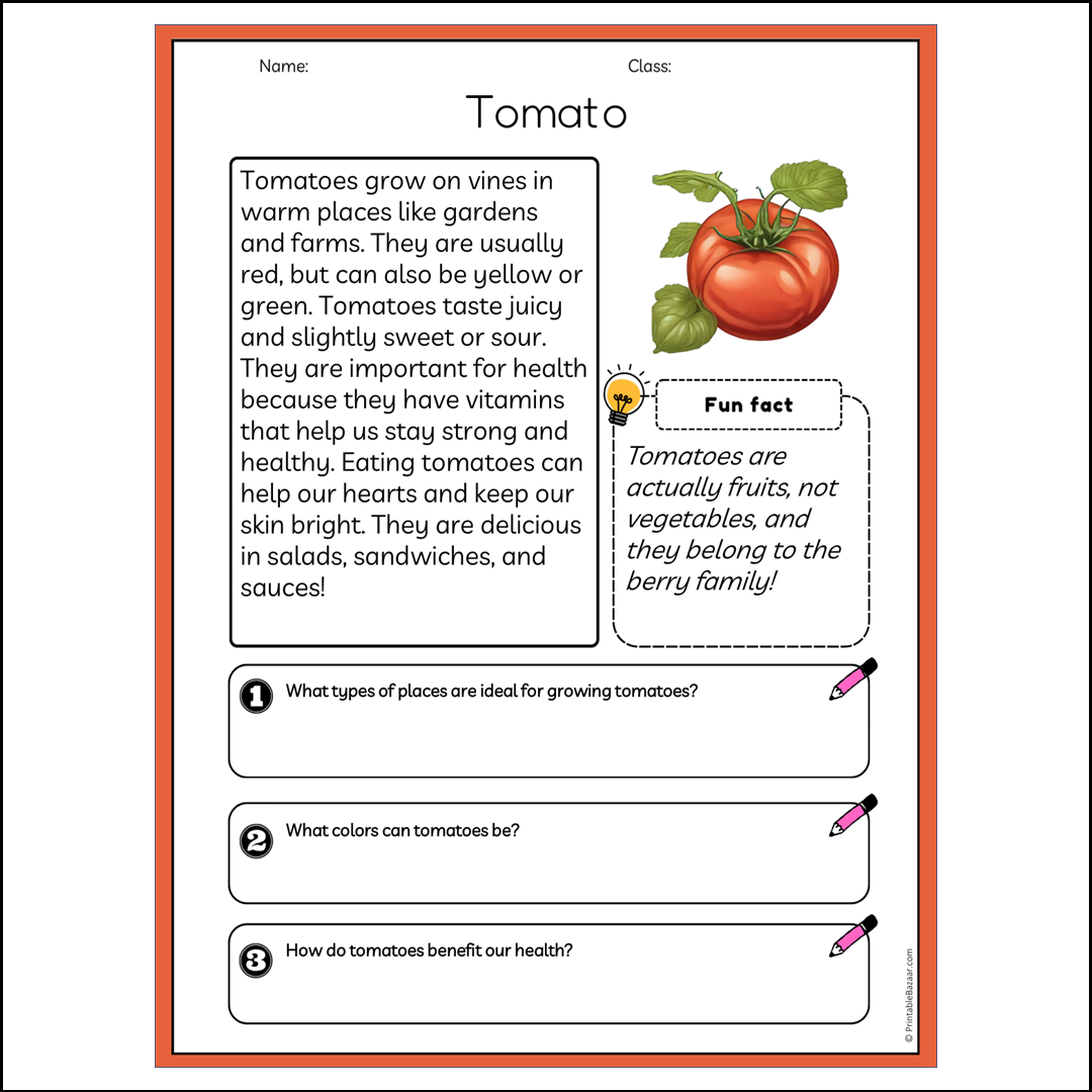 Tomato | Reading Passage Comprehension Questions Writing Facts Worksheet