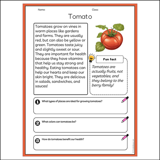 Tomato | Reading Passage Comprehension Questions Writing Facts Worksheet