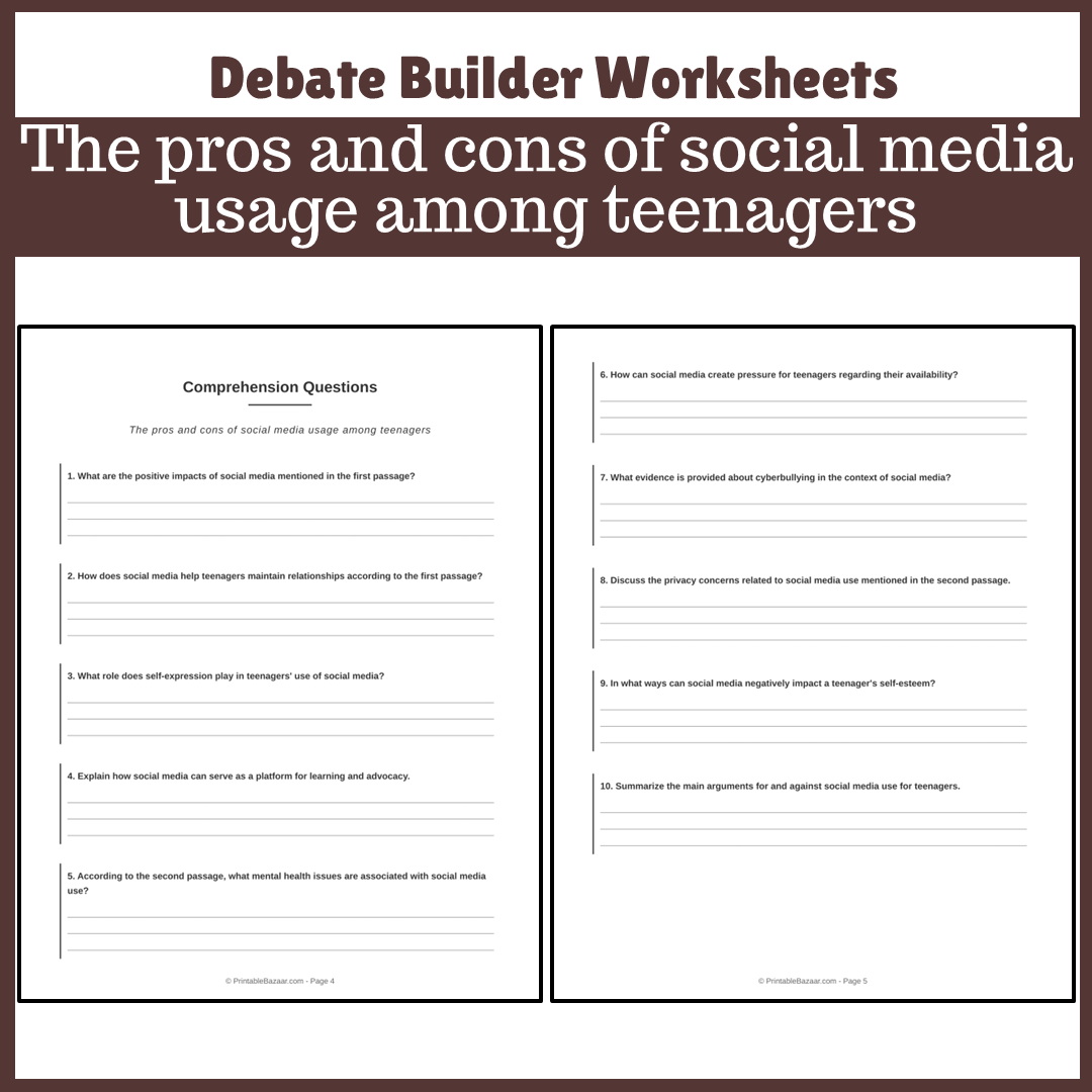 The pros and cons of social media usage among teenagers | Favour and Against Worksheet Printable Activity