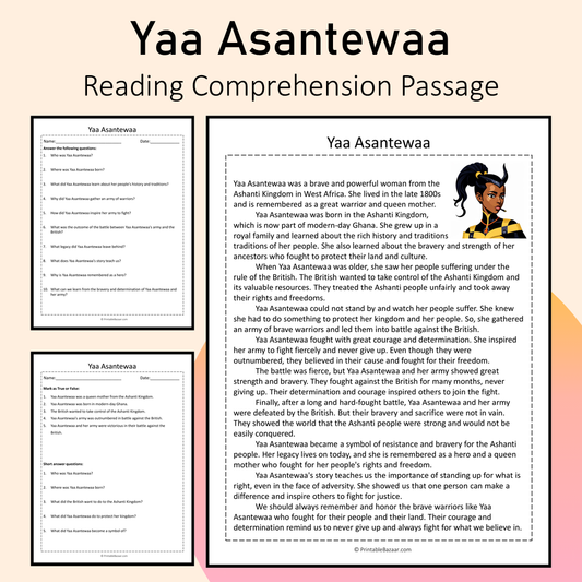 Yaa Asantewaa | Reading Comprehension Passage Printable Activity