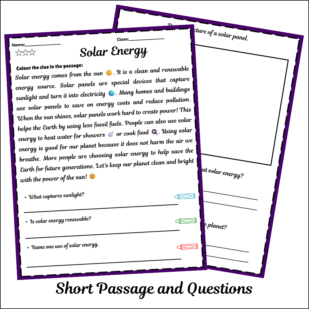 Solar Energy | Short Reading Comprehension Creative Worksheet