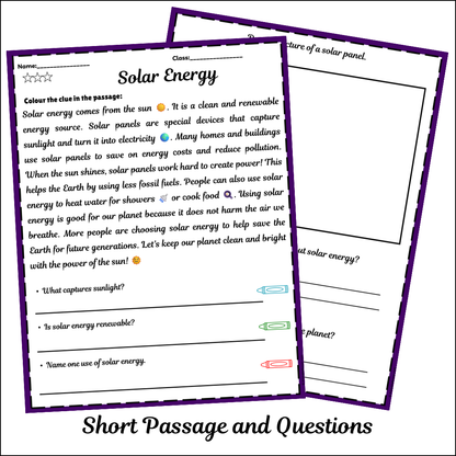 Solar Energy | Short Reading Comprehension Creative Worksheet