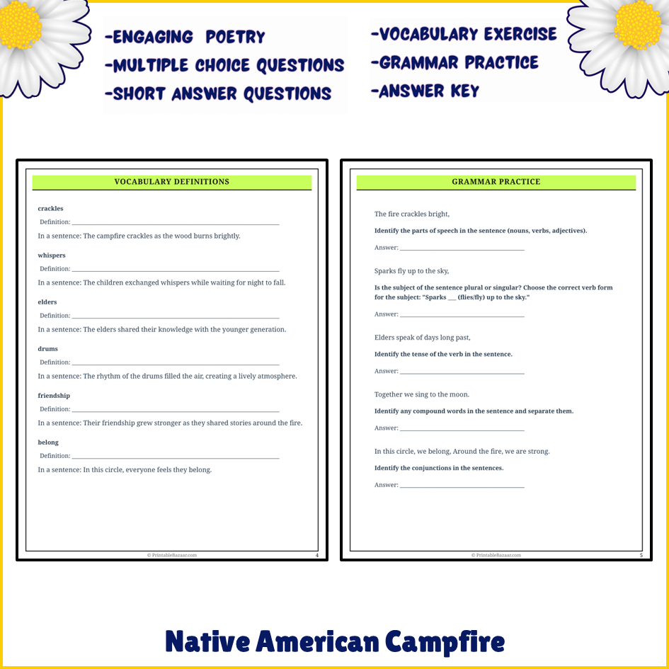Native American Campfire | Poem Grammar Worksheet Printable Activity