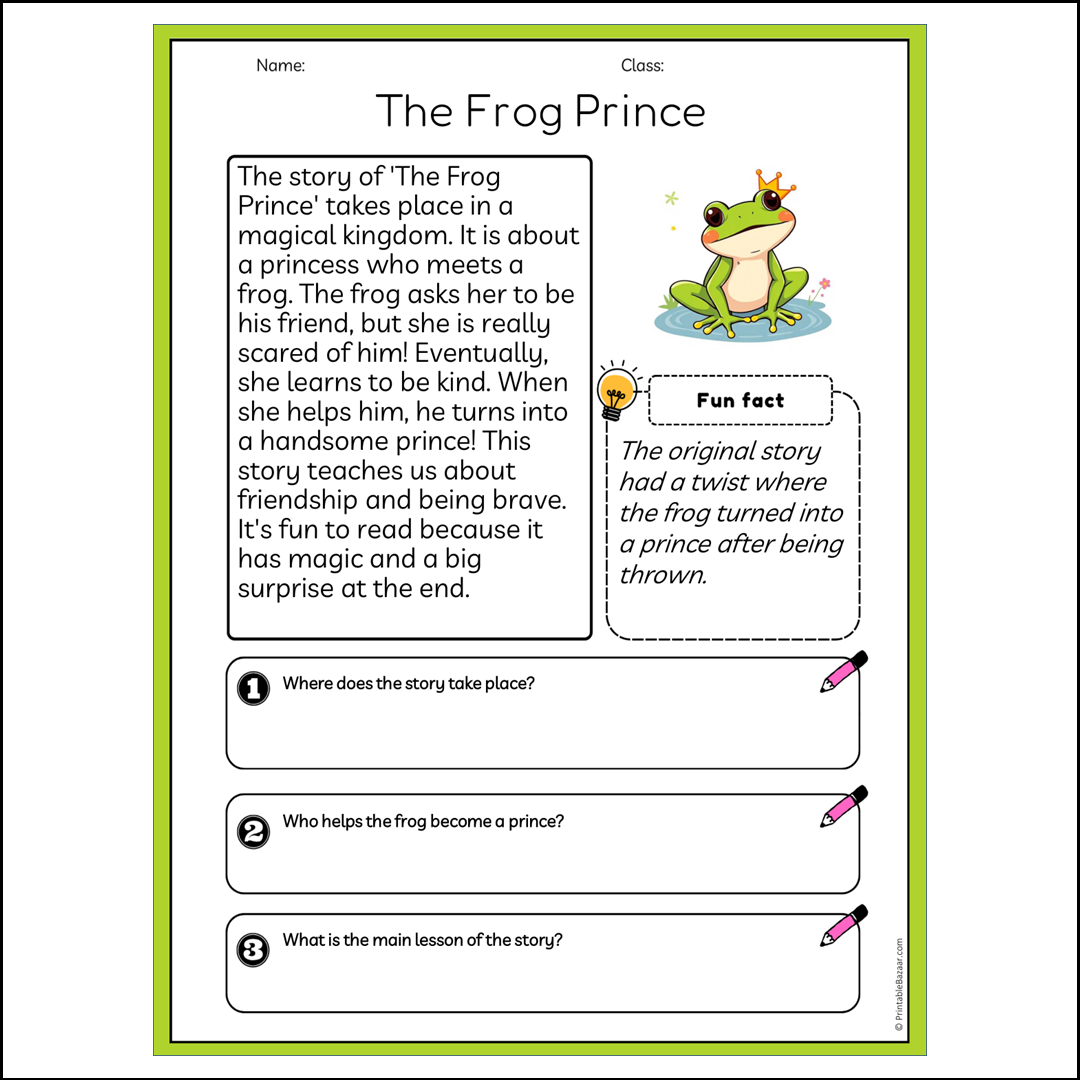 The Frog Prince | Reading Passage Comprehension Questions Writing Facts Worksheet