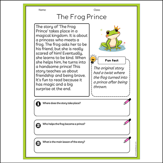 The Frog Prince | Reading Passage Comprehension Questions Writing Facts Worksheet