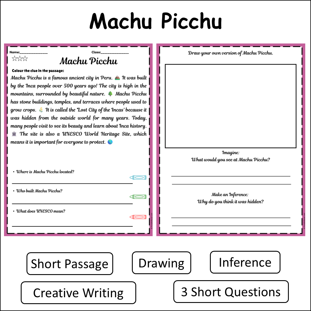 Machu Picchu | Short Reading Comprehension Creative Worksheet