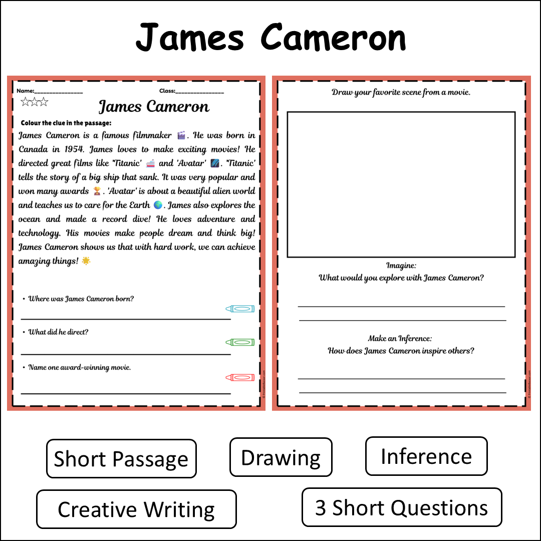 James Cameron | Short Reading Comprehension Creative Worksheet