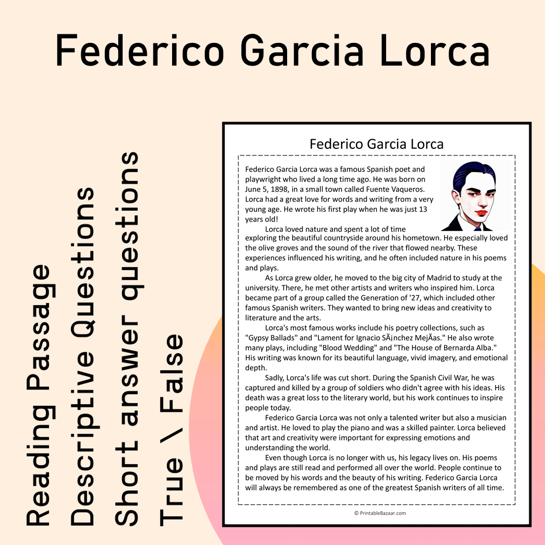 Federico Garcia Lorca | Reading Comprehension Passage Printable Activity