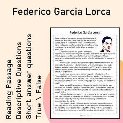 Federico Garcia Lorca | Reading Comprehension Passage Printable Activity