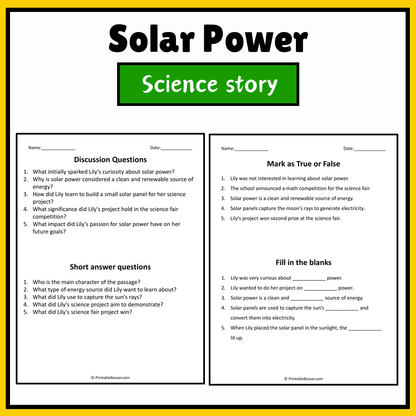 Solar Power | Science Story Reading Comprehension Activity