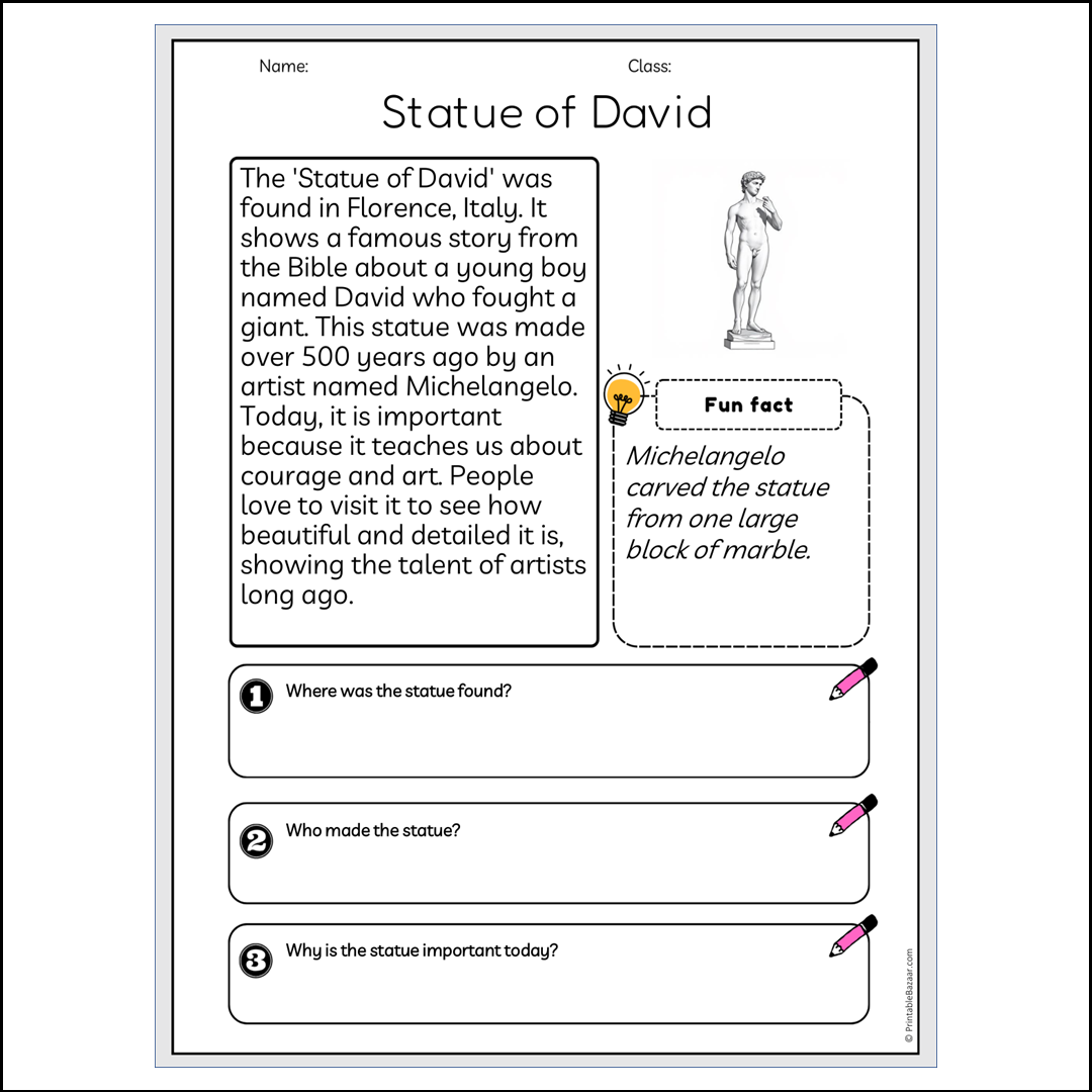 Statue of David | Reading Passage Comprehension Questions Writing Facts Worksheet