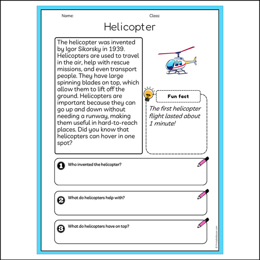 Helicopter | Reading Passage Comprehension Questions Writing Facts Worksheet