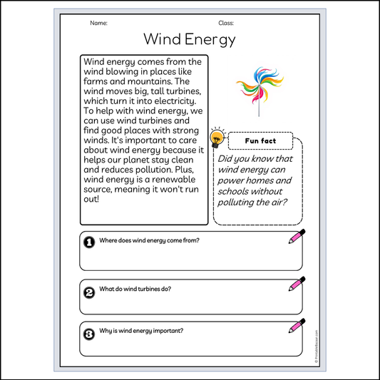 Wind Energy | Reading Passage Comprehension Questions Writing Facts Worksheet