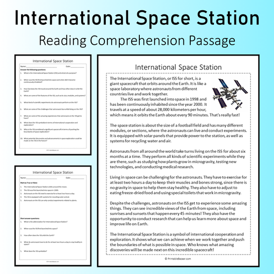 International Space Station | Reading Comprehension Passage Printable Worksheet