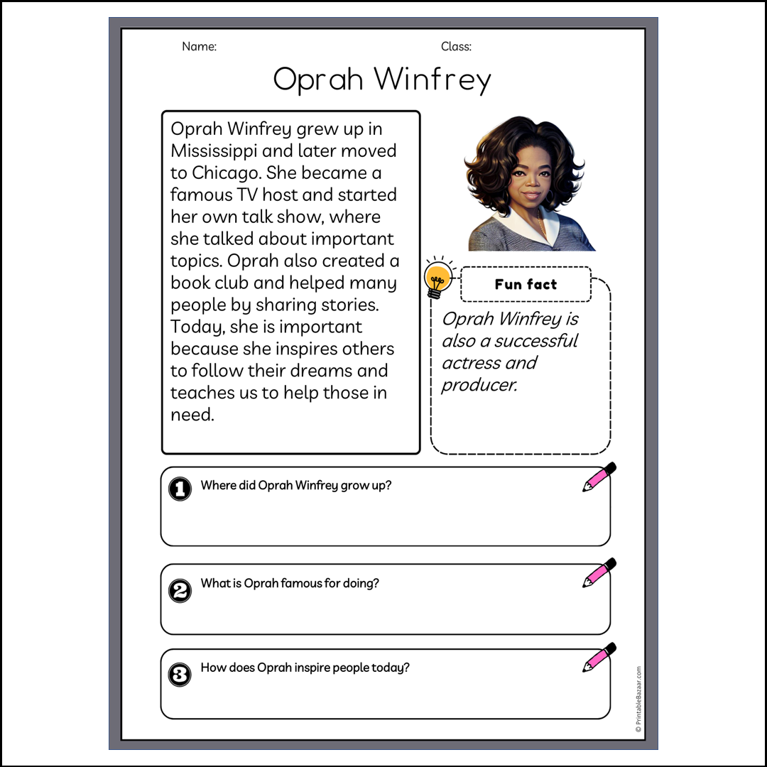 Oprah Winfrey | Reading Passage Comprehension Questions Writing Facts Worksheet