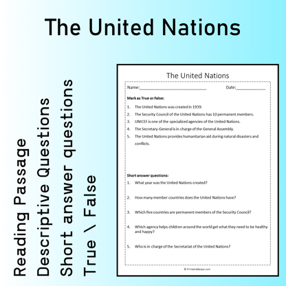 The United Nations | Reading Comprehension Passage Printable Worksheet