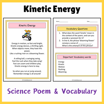 Kinetic Energy | Science Poem Reading Comprehension Activity