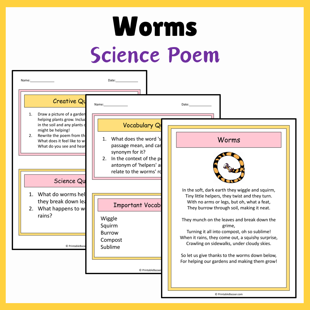 Worms | Science Poem Reading Comprehension Activity