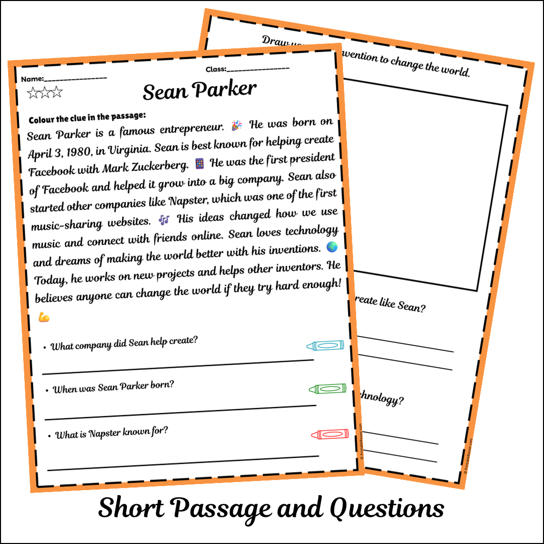 Sean Parker | Short Reading Comprehension Creative Worksheet