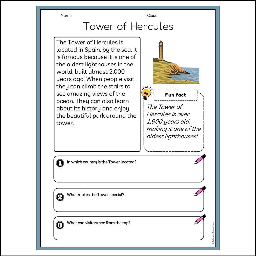 Tower of Hercules | Reading Passage Comprehension Questions Writing Facts Worksheet